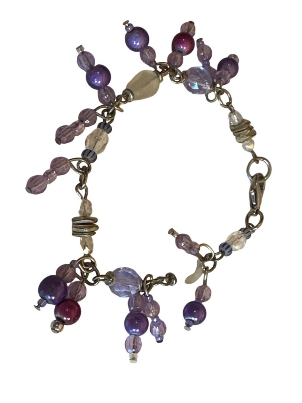 Beaded Charm Bracelet Purple Pink & Clear Glass Beads Silver-Tone Chain Fairy